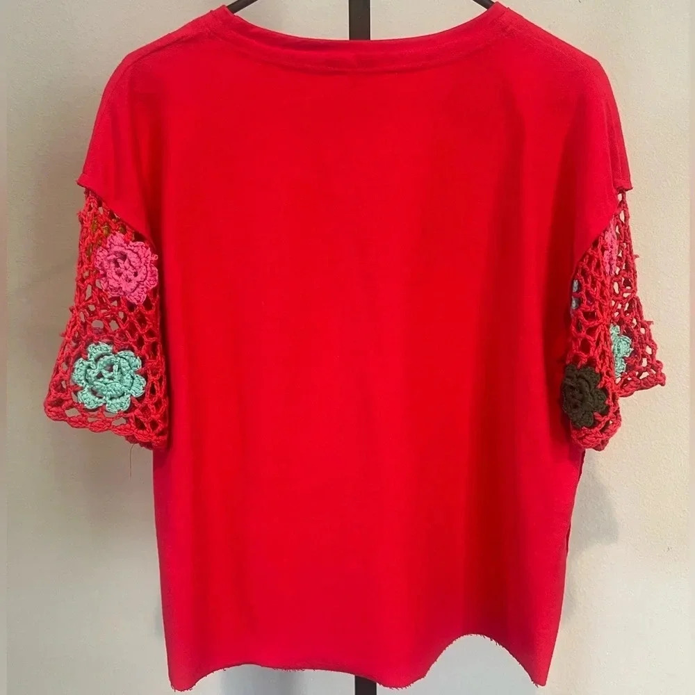 Umgee Red Crochet Sleeve‎ Top Oversized Small - Picture 2 of 4